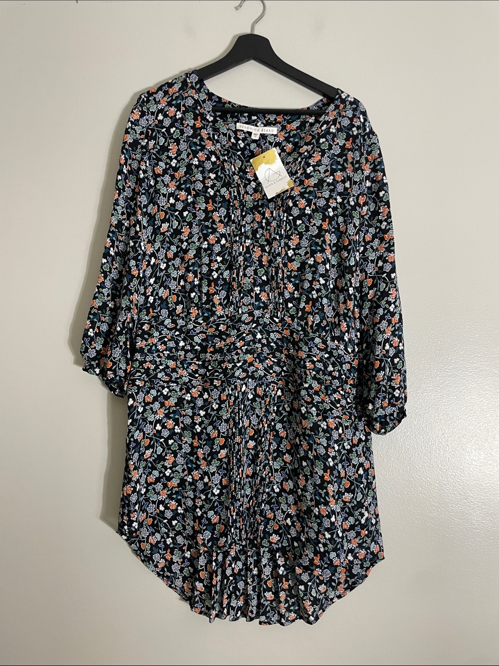 Market & Spruce Black Floral Pintuck Tunic with Coral and Light Blue Flowers